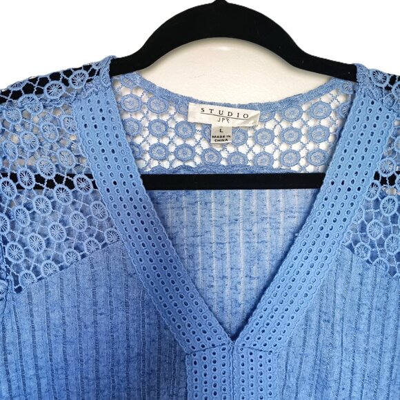 Babydoll Top Semi-Sheer Gauzy Blue Flaired Long Sleeve Lace Shoulders EUC Large - Picture 2 of 7